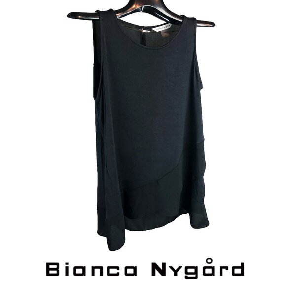 Bianca Nygard Black tank top sheer back shoulders, front sheer hem & layering M - Picture 1 of 3